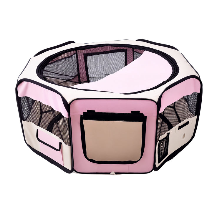 Parque Dobrável para Cães e Gatos Cercado Portátil para Animais Pequenos em Tecido Oxford Impermeável com 2 Portas para Exterior e Interior Ø90x41 cm Rosa