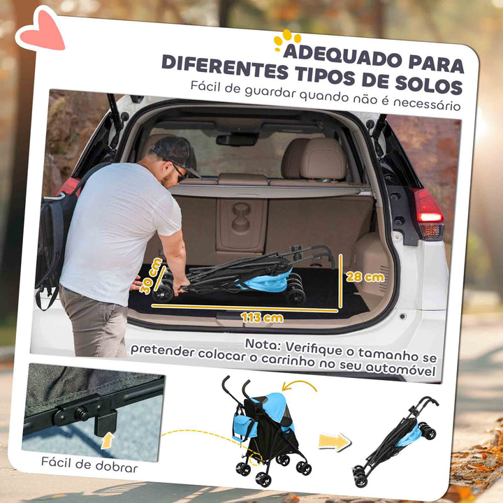 Carrinho para Cães Pequenos com Estrutura Compacta Carrinho Dobrável com Colchão Lavável Suporte para Copos Janelas de Rede e Bolsa de Arrumação 76x44x103 cm Azul