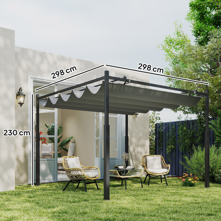 Pérgola de Jardim 3x3 m com Teto Retrátil e Acessório Magnético, Pavilhão de Jardim com Proteção UV30+, Colunas Metálicas e Ganchos, Cobertura para Terraço, Exterior, Cinzento