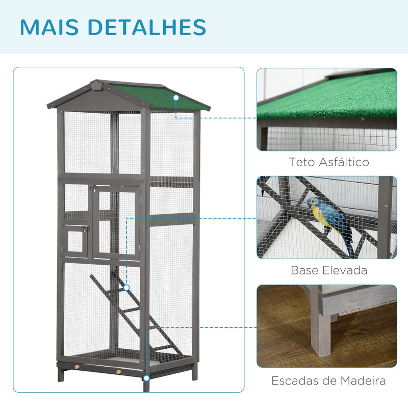 Gaiola para Pássaros Grande 68x63x165 cm Gaiola de Madeira de Abeto com 2 Portas Bandeja Amovível e Teto Asfáltico Cinza