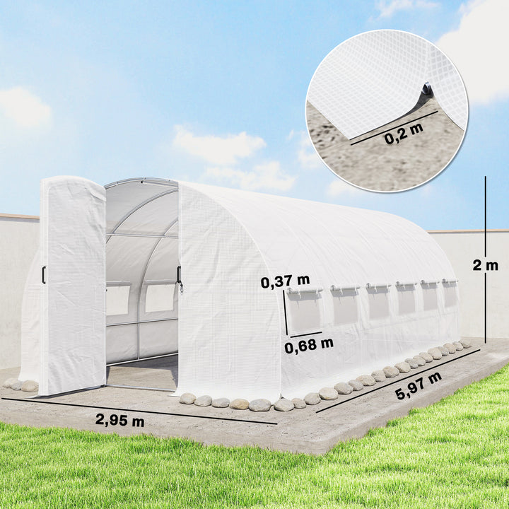 Estufa de Exterior 6x3x2 m Túnel de Cultivo com Porta de Dobradiças Janelas com Rede Cobertura de PE 140g/m² e Estrutura de Aço Galvanizado Anti-UV Impermeável para Cultivo Branco