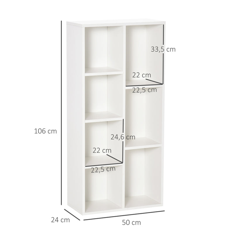 Estante para Livros Estante de Madeira com 7 Compartimentos de Armazenamento Plantas Arquivos para Sala de Estar Dormitório Escritório 50x24x106cm Branco