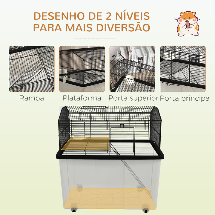 Gaiola para Hamsters Casa para Pequenos Roedores com Comedouro Bebedouro Rampa e Roda 57x43x57 cm Preto