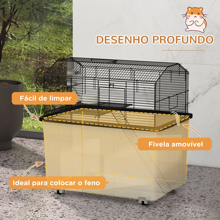 Gaiola para Hamsters Casa para Pequenos Roedores com Comedouro Bebedouro Rampa e Roda 57x43x57 cm Preto