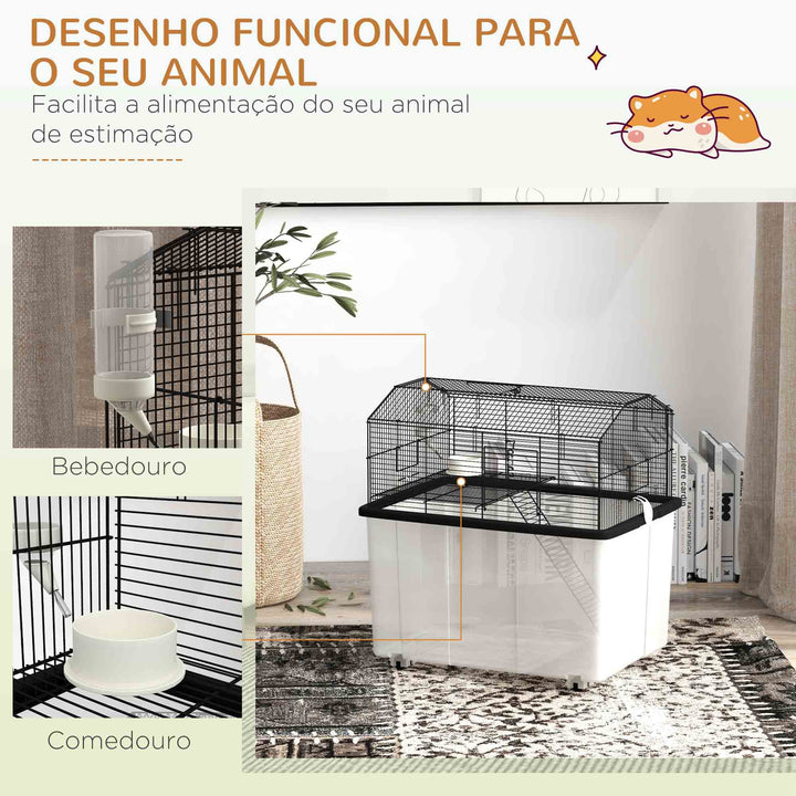 Gaiola para Hamsters Casa para Pequenos Roedores com Comedouro Bebedouro Rampa e Roda 57x43x57 cm Preto