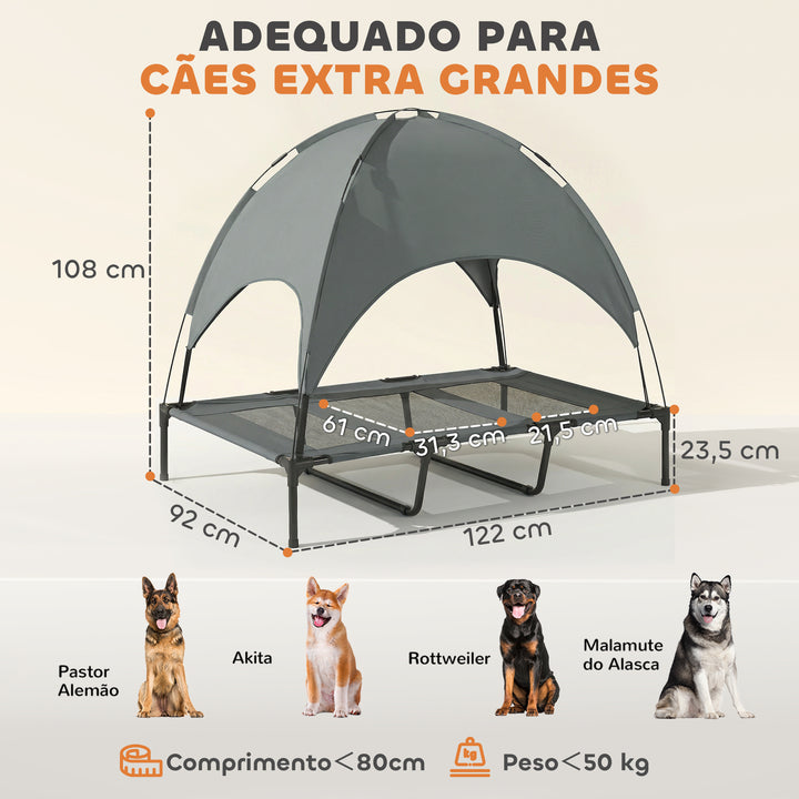 Cama elevada para animais de estimação Portátil com tecido respirável de toldo removível para interior e exterior 122x92x108 cm cinza