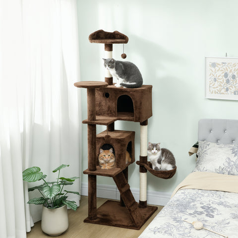 Arranhador para Gatos 180 cm Torre de Escalada com Múltiplas Plataformas Cama 2 Cavernas Rede Escada Postes de Sisal Bolas para Brincar Marrom