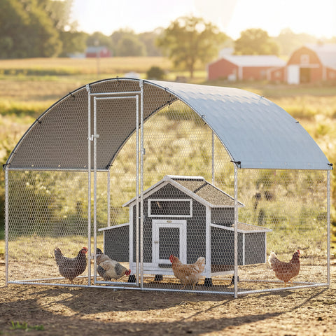 Galinheiro para Exterior 2,8x1,7x1,9 m 4,7 m² Galinheiro de Aço Galvanizado com Cobertura em Tecido Oxford Anti-UV e Impermeável Porta e Fechos Gaiola para 5-8 Galinhas Prata