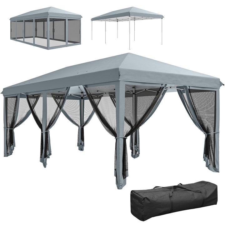 Tenda Dobrável 585x295x270 cm Tenda de Jardim com 6 Mosquiteiros Bolsa de Transporte e Estrutura de Aço para Campismo Festas Cinza
