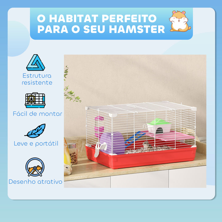 Gaiola para Hamster Casa para Hamster 47x30x27cm com 1 Andar Comedouro Bebedouro Rampa Roda de Exercício para Pequenos Animais Branco e Vermelho