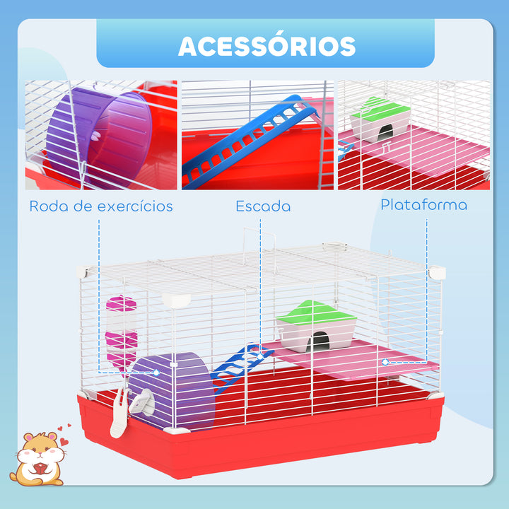 Gaiola para Hamster Casa para Hamster 47x30x27cm com 1 Andar Comedouro Bebedouro Rampa Roda de Exercício para Pequenos Animais Branco e Vermelho