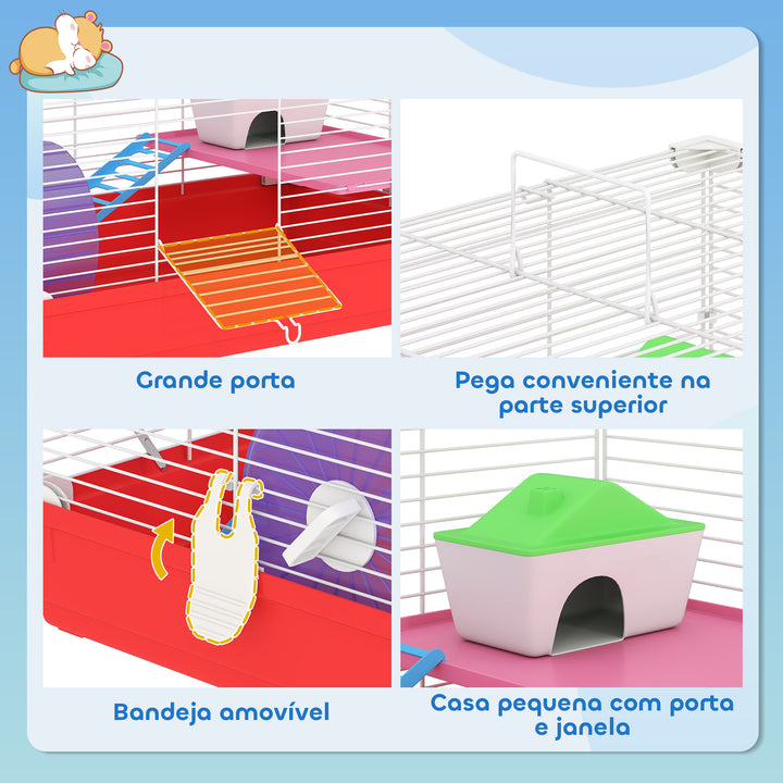Gaiola para Hamster Casa para Hamster 47x30x27cm com 1 Andar Comedouro Bebedouro Rampa Roda de Exercício para Pequenos Animais Branco e Vermelho