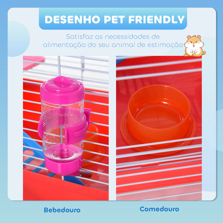 Gaiola para Hamster Casa para Hamster 47x30x27cm com 1 Andar Comedouro Bebedouro Rampa Roda de Exercício para Pequenos Animais Branco e Vermelho