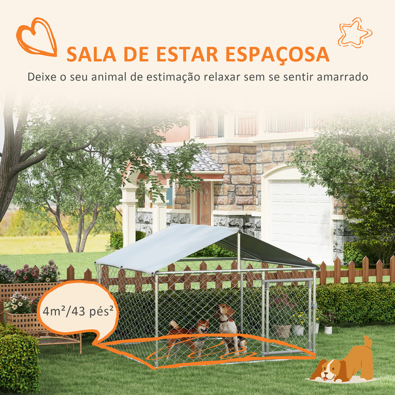 Canil de Exterior para Cães Médios Gaiola para Cães com Fechadura Estrutura de Aço Toldo Impermeável e Anti-UV 200x200x150 cm Prata