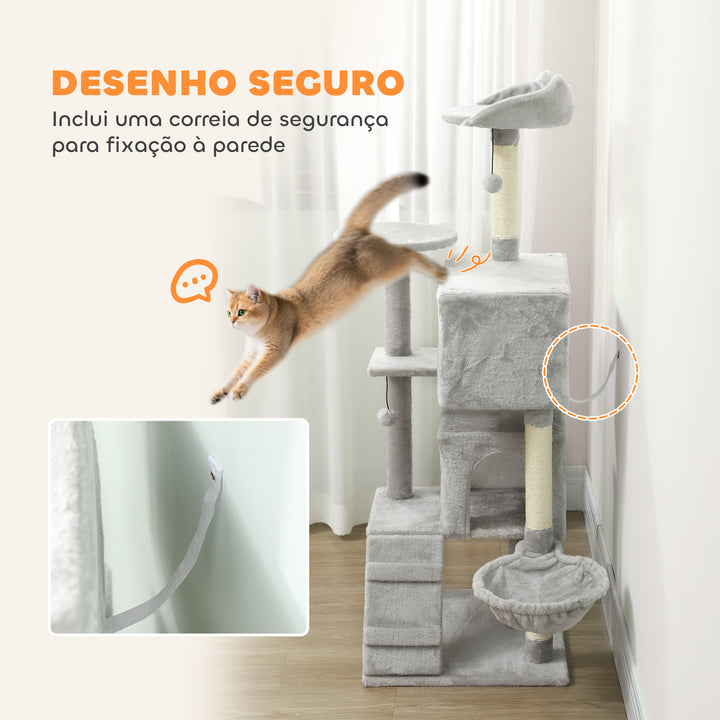 Arranhador para Gatos 140 cm Torre de Escalada com Múltiplas Plataformas Cama 2 Cavernas Rede Escada Postes de Sisal Bolas para Brincar Cinzento Claro