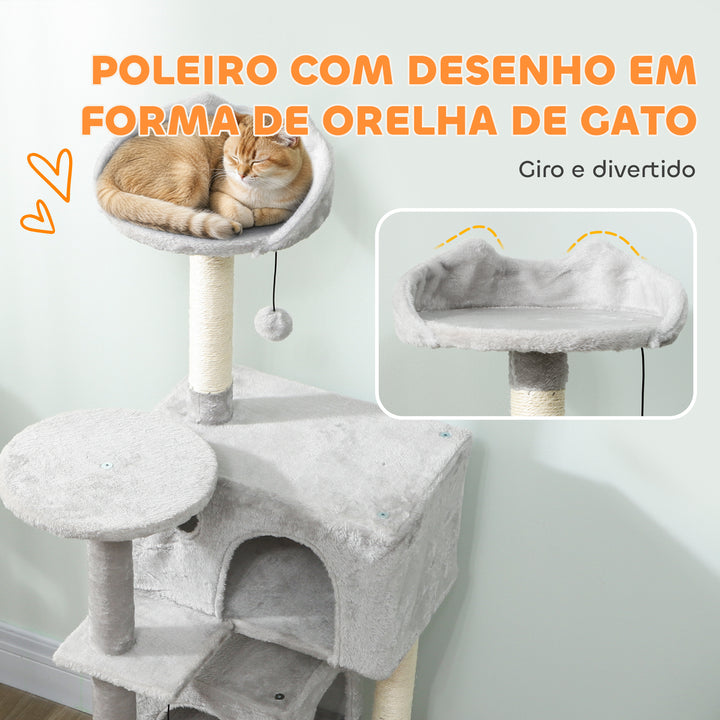 Arranhador para Gatos 140 cm Torre de Escalada com Múltiplas Plataformas Cama 2 Cavernas Rede Escada Postes de Sisal Bolas para Brincar Cinzento Claro
