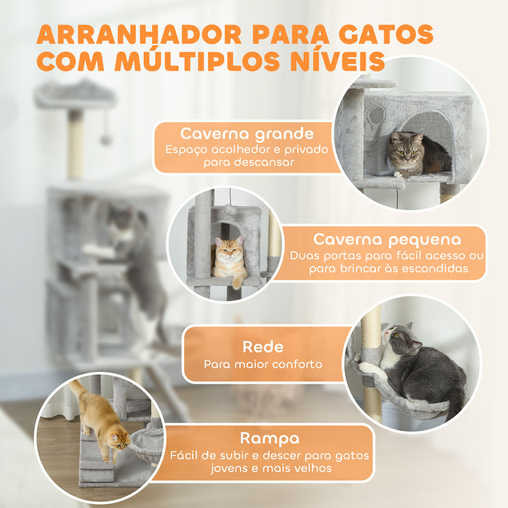 Arranhador para Gatos 140 cm Torre de Escalada com Múltiplas Plataformas Cama 2 Cavernas Rede Escada Postes de Sisal Bolas para Brincar Cinzento Claro