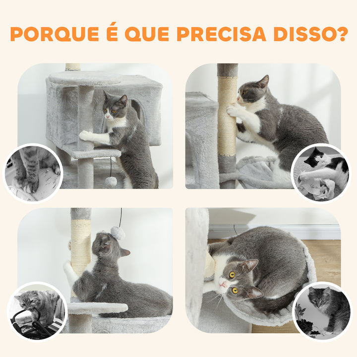 Arranhador para Gatos 140 cm Torre de Escalada com Múltiplas Plataformas Cama 2 Cavernas Rede Escada Postes de Sisal Bolas para Brincar Cinzento Claro