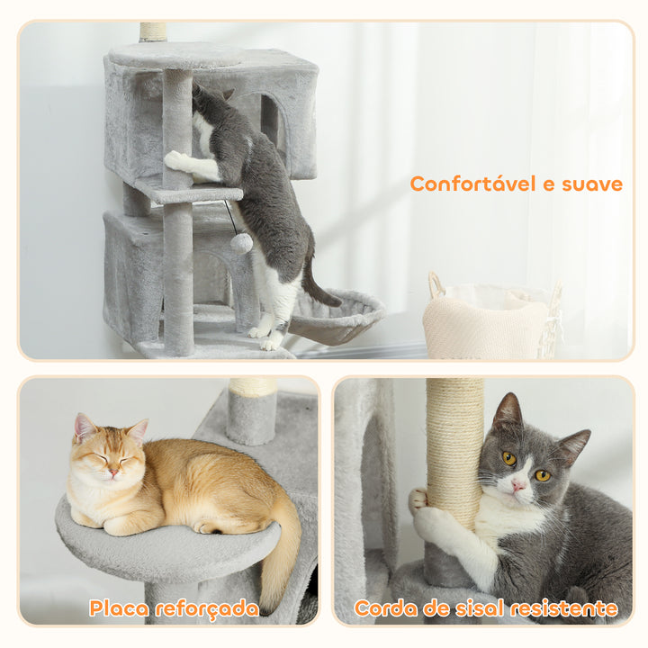 Arranhador para Gatos 140 cm Torre de Escalada com Múltiplas Plataformas Cama 2 Cavernas Rede Escada Postes de Sisal Bolas para Brincar Cinzento Claro