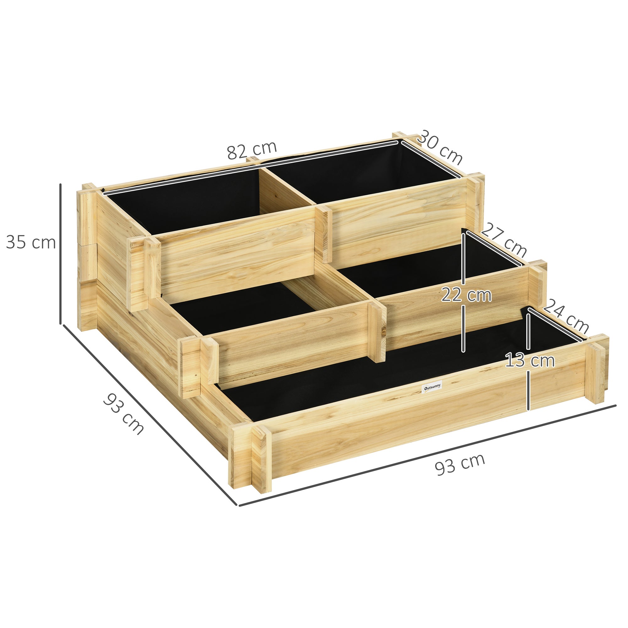 Caixa de Plantio de Madeira de 3 Níveis Horta Vertical em Escada com Malha Geotextil para Cultivos de Plantas Flores para Jardim Terraço Exterior 93x93x35 cm Natural