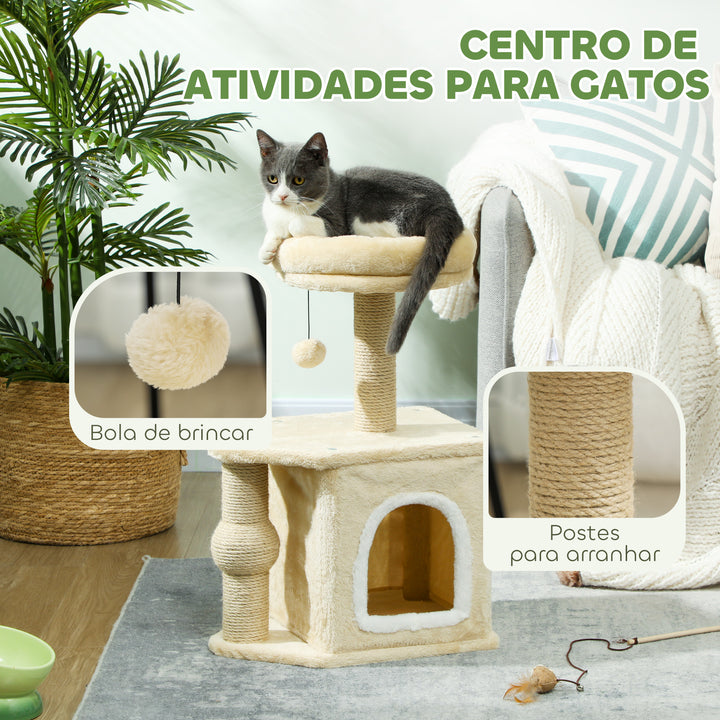 Arranhador para Gatos Altura 66 cm Arranhador para Gatos com Cama Caverna Plataforma Bola Suspensa e Poste de Juta 42x30x66 cm Marrom