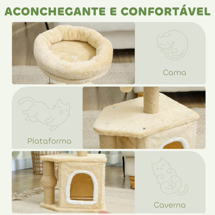 Arranhador para Gatos Altura 66 cm Arranhador para Gatos com Cama Caverna Plataforma Bola Suspensa e Poste de Juta 42x30x66 cm Marrom