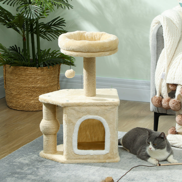 Arranhador para Gatos Altura 66 cm Arranhador para Gatos com Cama Caverna Plataforma Bola Suspensa e Poste de Juta 42x30x66 cm Marrom