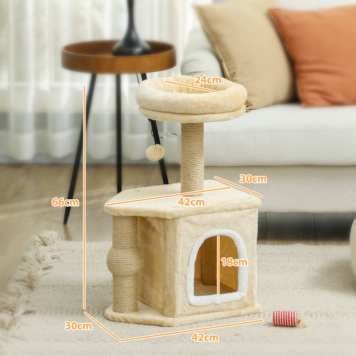 Arranhador para Gatos Altura 66 cm Arranhador para Gatos com Cama Caverna Plataforma Bola Suspensa e Poste de Juta 42x30x66 cm Marrom