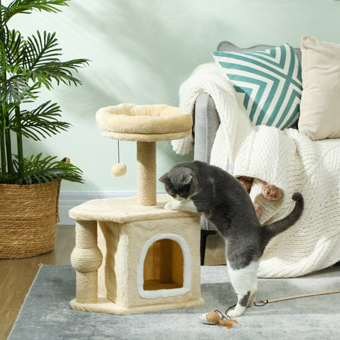 Arranhador para Gatos Altura 66 cm Arranhador para Gatos com Cama Caverna Plataforma Bola Suspensa e Poste de Juta 42x30x66 cm Marrom