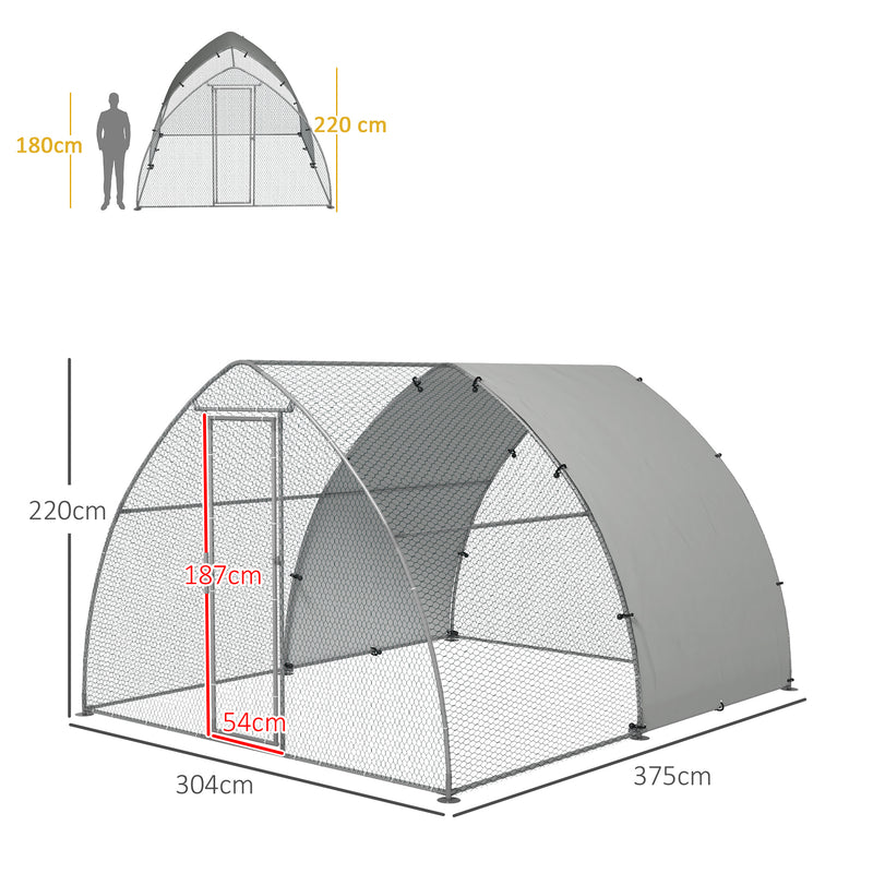 Galinheiro para Exterior 304x375x220 cm Galinheiro para Galinhas de Aço Galvanizado Cobertura de Tecido Oxford Resistente aos Raios UV e Impermeável para Pátio Prata