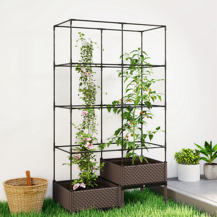 Floreira com Grade Metálica Floreira Exterior Grande para Plantas Trepadeiras 2 Caixas de PP com Orifícios de Drenagem Tampões Vaso Elevado para Jardim ou Pátio 100x50x174 cm Preto