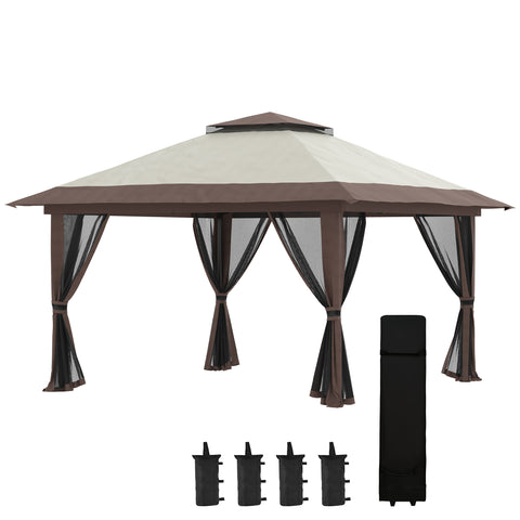Tenda Dobrável Pop-UP 3,92x3,92x2,83 m Tenda de Jardim com Altura Ajustável Proteção UV50+ Teto Duplo Rede Mosquiteira e Bolsa de Transporte com Rodas para Festas Campismo Bege e Marrom