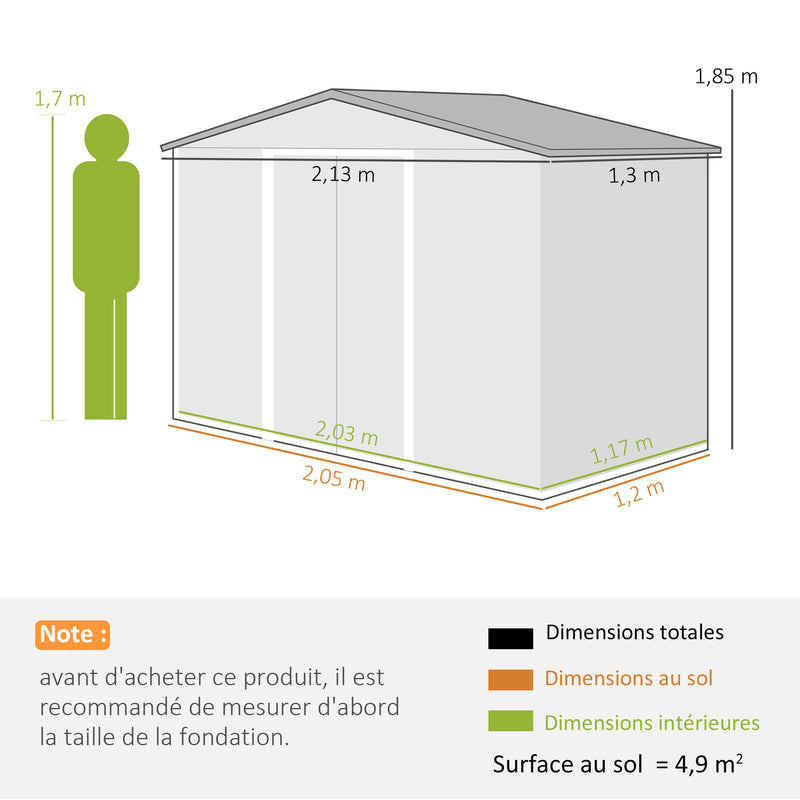 Abrigo de Jardim 213x130x185 cm Abrigo de Jardim Metálico de Exterior para Armazenamento de Ferramentas com 2 Portas Deslizantes e 4 Janelas para Terraço Marrom