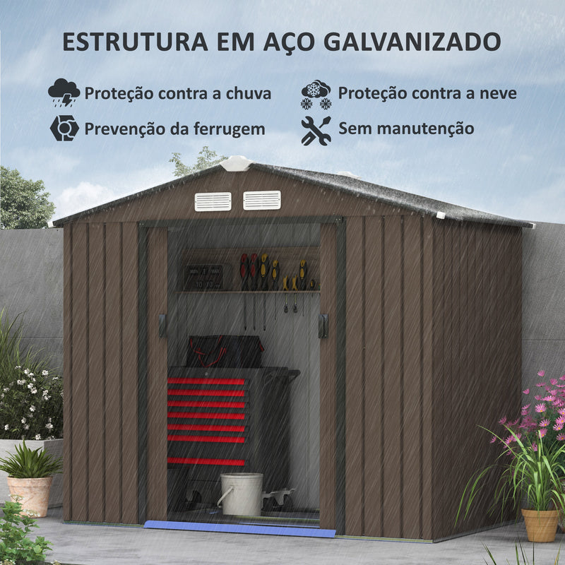 Abrigo de Jardim 213x130x185 cm Abrigo de Jardim Metálico de Exterior para Armazenamento de Ferramentas com 2 Portas Deslizantes e 4 Janelas para Terraço Marrom