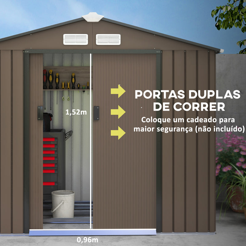 Abrigo de Jardim 213x130x185 cm Abrigo de Jardim Metálico de Exterior para Armazenamento de Ferramentas com 2 Portas Deslizantes e 4 Janelas para Terraço Marrom