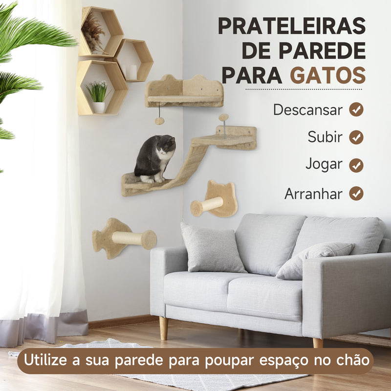 Conjunto de Prateleiras de Escalada para Gatos de 4 Peças Arranhador de Parede com 2 Postes de Sisal Plataforma Dupla com Escada e Plataforma para Saltar Bege