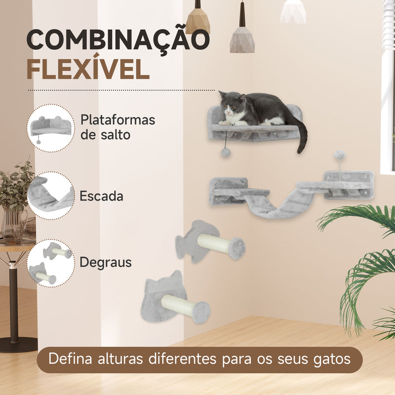 Conjunto de Prateleiras de Escalada para Gatos de 4 Peças Arranhador de Parede com 2 Postes de Sisal Plataforma Dupla com Escada e Plataforma para Saltar Bege