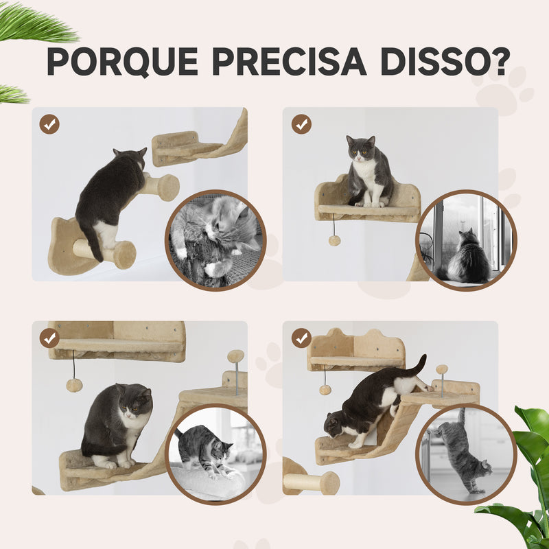 Conjunto de Prateleiras de Escalada para Gatos de 4 Peças Arranhador de Parede com 2 Postes de Sisal Plataforma Dupla com Escada e Plataforma para Saltar Bege