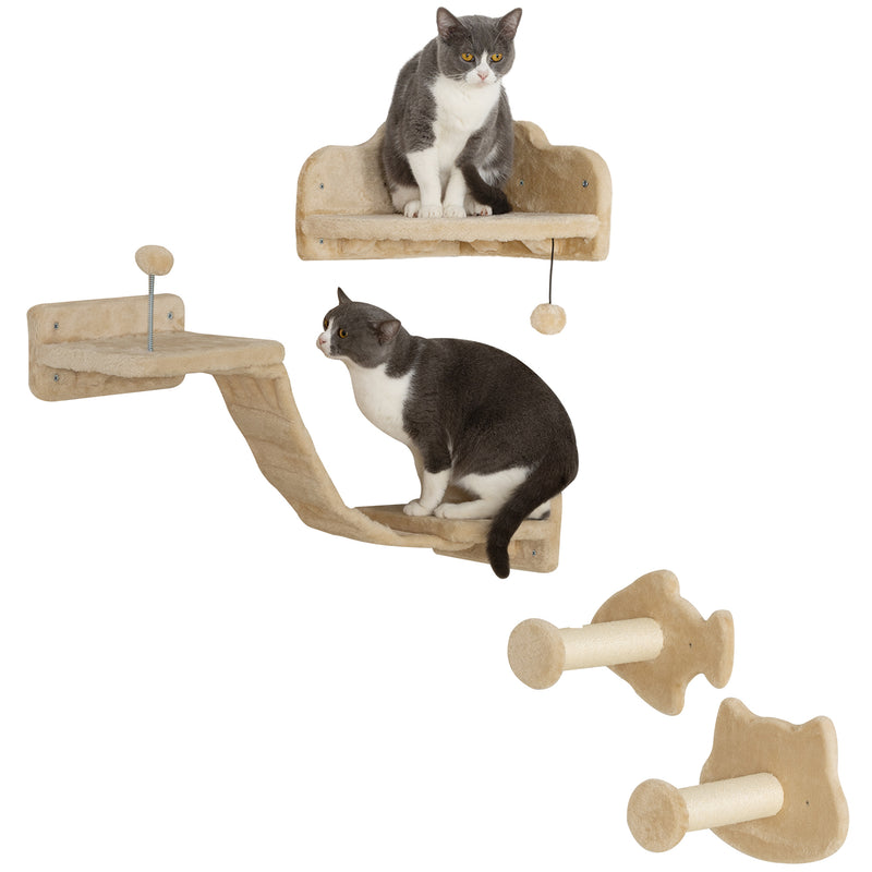 Conjunto de Prateleiras de Escalada para Gatos de 4 Peças Arranhador de Parede com 2 Postes de Sisal Plataforma Dupla com Escada e Plataforma para Saltar Bege