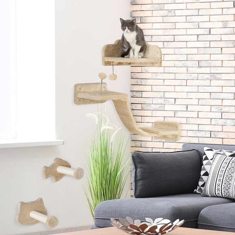 Conjunto de Prateleiras de Escalada para Gatos de 4 Peças Arranhador de Parede com 2 Postes de Sisal Plataforma Dupla com Escada e Plataforma para Saltar Bege