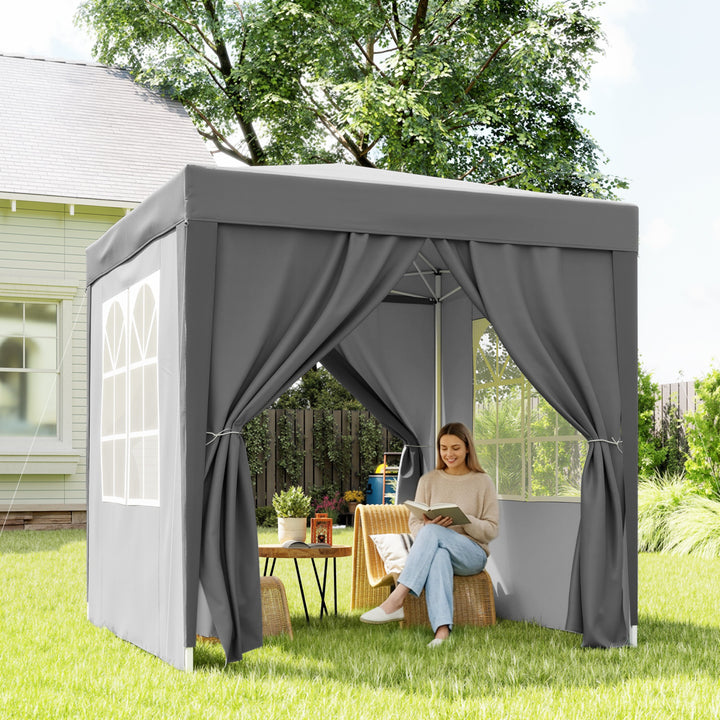 Tenda Dobrável 2x2 m Tenda Pop-up para Jardim com 4 Paredes Laterais 2 Janelas e Saco de Transporte Anti-UV Impermeável Tenda para Festas, Exterior Cinzento