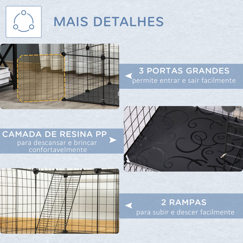 Recinto para Animais de Estimação de 3 Níveis Parque para Animais de Estimação com Rampas e Desenho Personalizável para Cobaias Chinchilas 70x70x105 cm Preto