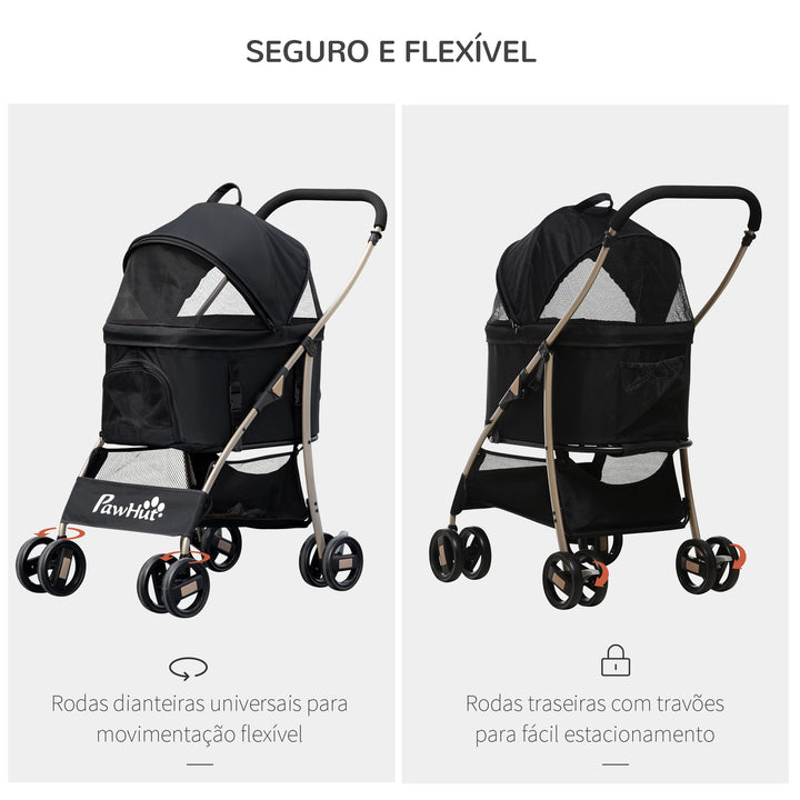 Carrinho para Animais de Estimação 3 em 1 Carrinho para Cães e Gatos Dobrável com Bolsa de Transporte Cesta de Armazenamento e Travão Tecido de Oxford 600D Carga Máxima 15kg 82x49,5x98cm Preto