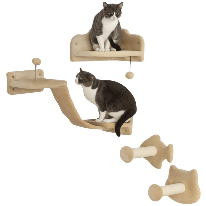 Conjunto de Prateleiras de Escalada para Gatos de 4 Peças Arranhador de Parede com 2 Postes de Sisal Plataforma Dupla com Escada e Plataforma para Saltar Bege