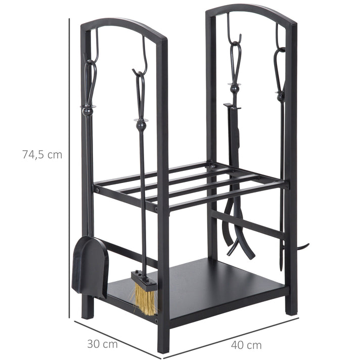 Suporte para Lenha de 2 Níveis Porta Lenha Exterior e Interior Metálico com 4 Ferramentas para Lareira Carga Máx. 100kg 40x30x74,5cm Preto