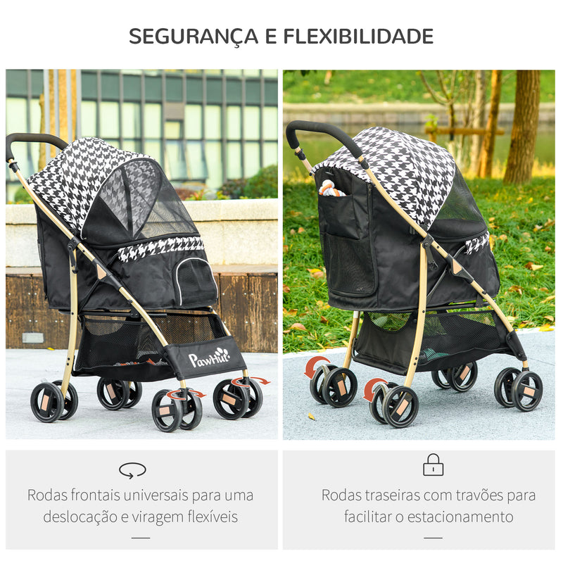 Carrinho para Cães Carrinho para Animais de Estimação com 2 Entradas Janela de Malha Cesta de Armazenamento Cinto de Segurança e Almofada 80x44,5x97 cm Preto