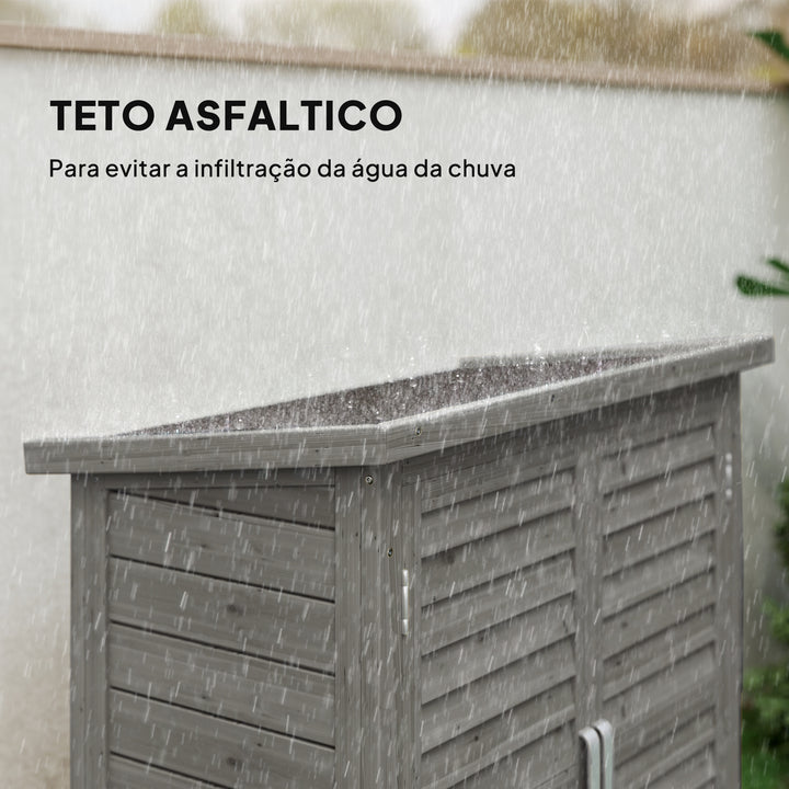 Armário de Armazenamento de Madeira para Jardim com 2 Prateleiras Interiores 2 Portas e Teto Inclinado para Exterior Terraço 87x46,5x96,5cm Cinza