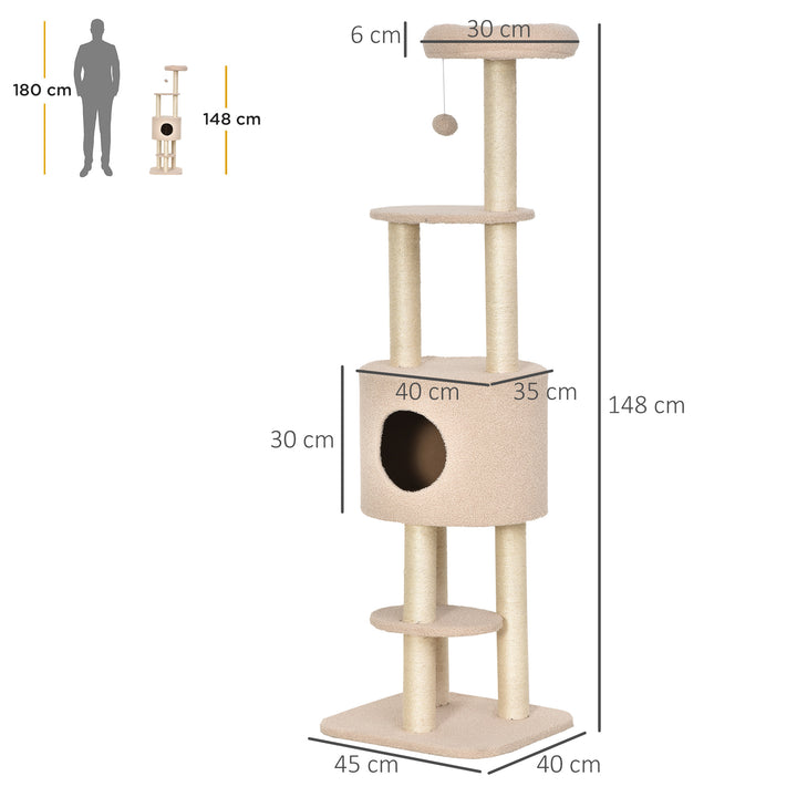 Arranhador para Gatos Altura 148 cm Arranhador para Gatos com Postes de Sisal 3 Plataformas Casa e Bola Suspensa Bege