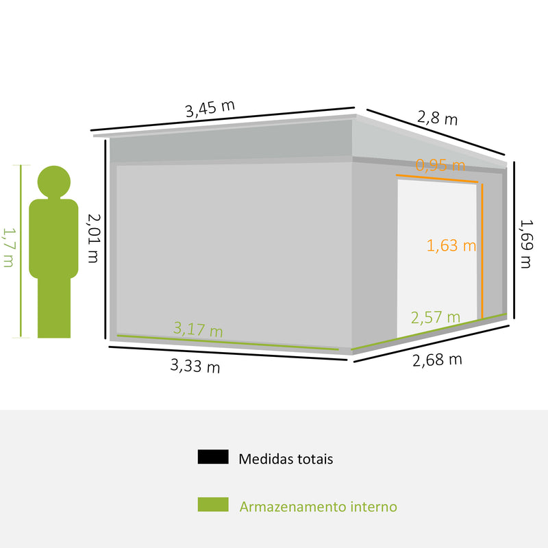 Abrigo de Jardim 280x345x201 cm 8,9 m² Abrigo de Exterior de Aço para Armazenamento de Ferramentas com Portas e 2 Janelas Cinza