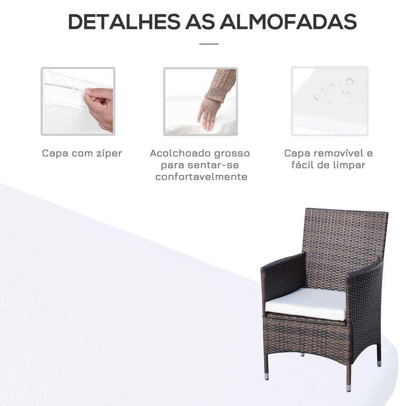 Conjunto de Móveis de Exterior para Varanda Inclui 1 Mesa 2 Cadeiras 2 Almofadas Vime Metal Marrom